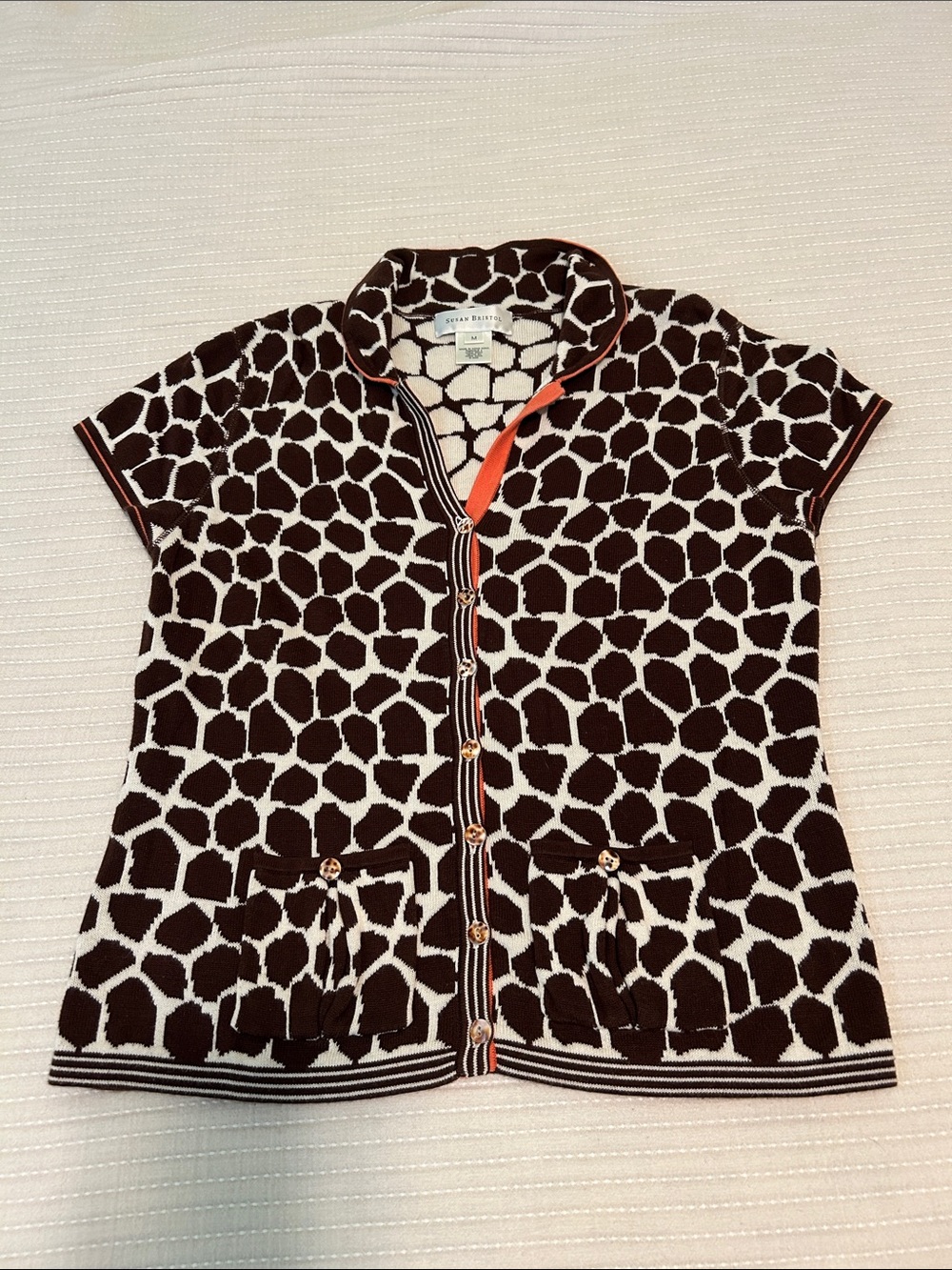 Susan Bristol Brown & Cream Giraffe-Print Short Sleeve Cardigan